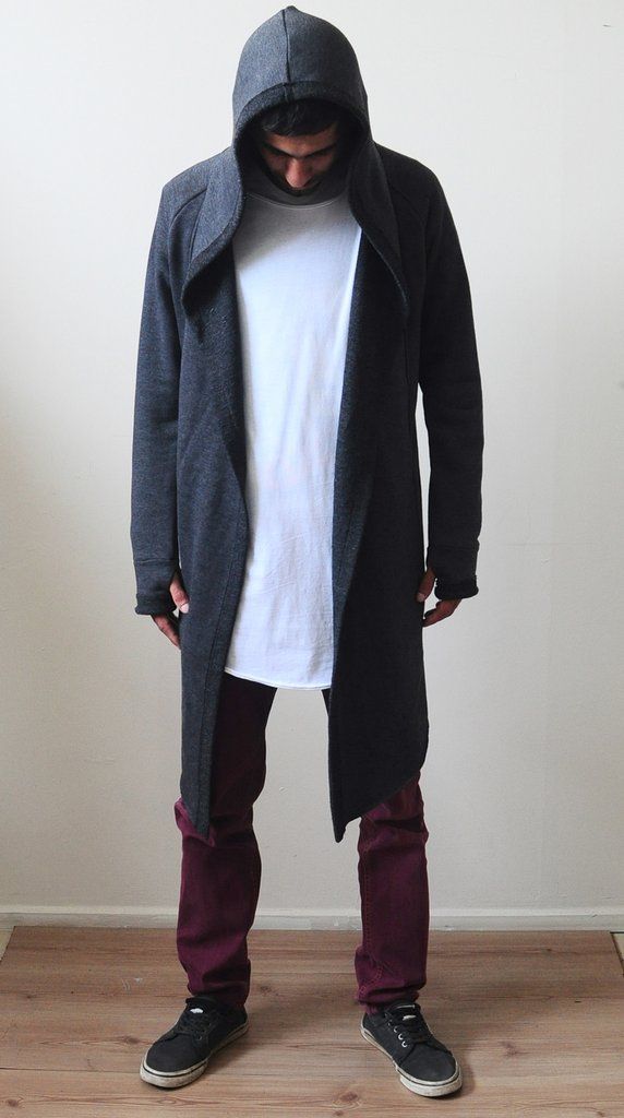 1- Smoke Long Sweater Cardigan With Hood / Glove Sleeves - Bottom Drawstring - Seam Details - LONG ASYMMETRIC CUT Winte Glove Sleeves, Mens Long Cardigan, Cosplay Cape, Cyberpunk Cosplay, Long Sweater Cardigan, Scarf Cardigan, Long Black Sweater, Cardigan With Hood, Hooded Scarf