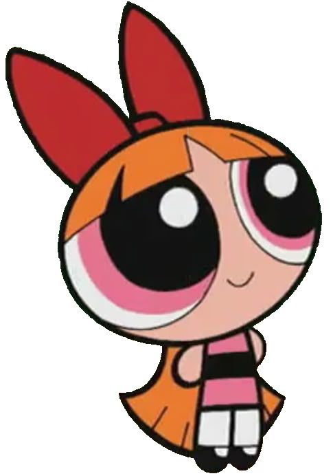 the powerpuff girls cartoon character with big eyes and pink hair, wearing an orange dress