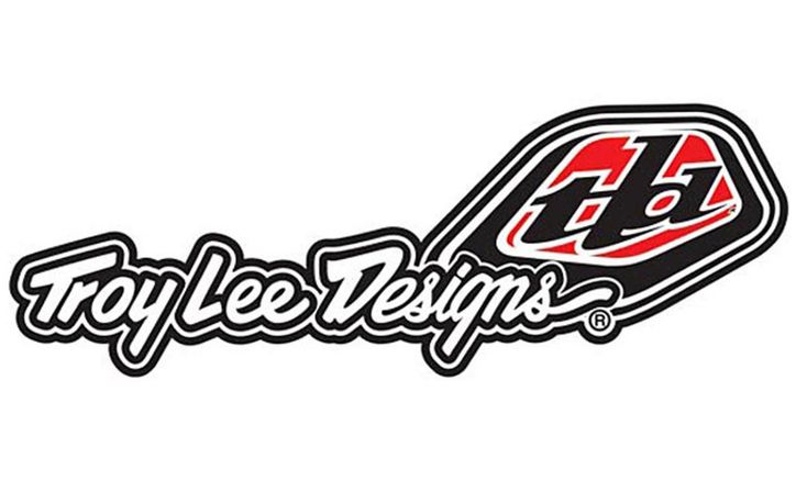 the troy lee designs logo is shown in black and white with red lettering on it