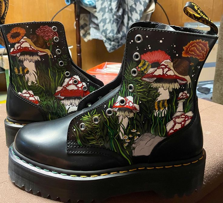 The boots in the photo are a pair I painted recently for myself but can absolutely paint for you, we can work together on a design and color scheme. I can rush the order if needed but cannot guarantee exact time as I will need to order your boots and wait for them to come in, to begin.  Can't wait to make your idea come true! Cottage Core Mushroom Outfit, Hand Painted Doc Martens, Cool Doc Martens, Painted Boots Diy Ideas, Doc Martens Work Outfit, Cottage Core Boots, Custom Docs, Painted Doc Martens, Custom Doc Martens