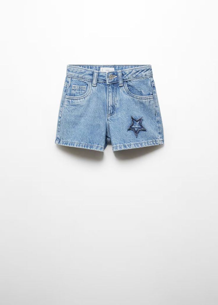 Star denim shorts - Girls | Mango Kids USA High Rise Cotton Shorts With Five Pockets, Cotton Shorts With Five Pockets, Preppy Denim Shorts, Jean Shorts Aesthetic, Trendy Jean Shorts With Star Print For Summer, Preppy Teen Outfits, Mid-rise Cotton Jean Shorts With Five Pockets, Summer Star Print Jean Shorts, Denim Jean Shorts With Star Print