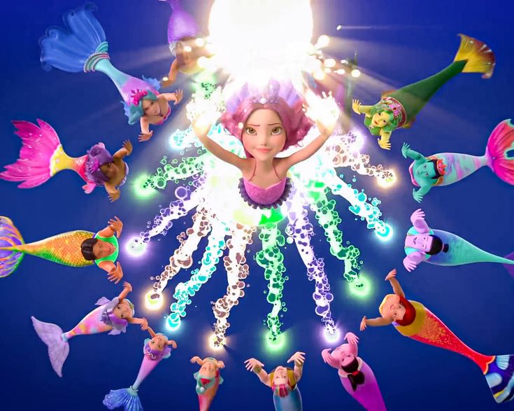 a woman surrounded by many different colored mermaids in the air with her hands on her hips