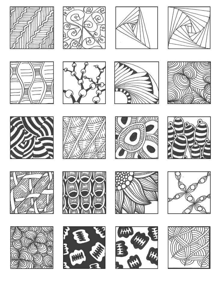 a bunch of black and white squares with different designs