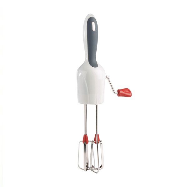 a white and red hand mixer on a white background