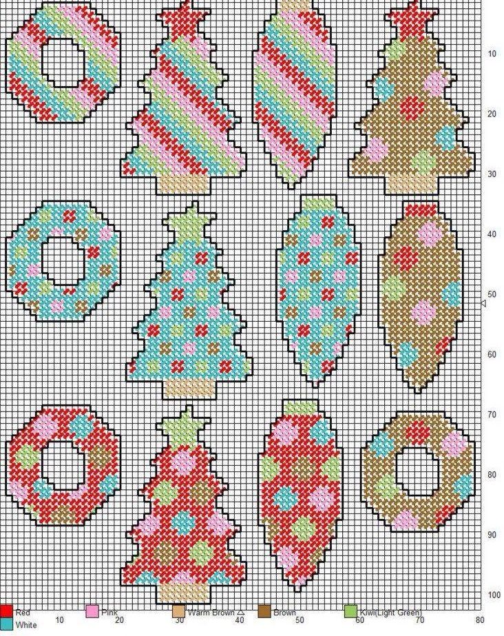 a cross stitch pattern with different designs on it, including christmas trees and donuts