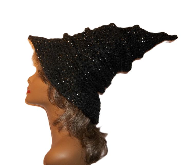 Awesome crochet witches hat. Great piece to add to your Halloween costume, to wear to festivals or to wear to your next wiccan event.  Can be worn by men or women or given as a gift to your favorite witchy person. Created with double strand black with gold threading acrylic yarn. Hand wash with a mild detergent and lay flat to dry. 18" from brim to point of hat fits most adults Witchy Brimmed Costume Hat For Winter, Witchy Brimmed Winter Costume Hats And Headpieces, Fitted Witchy Hat For Halloween, Witchy Wide Brim Costume Hat For Winter, Witchy Wide Brim Winter Costume Hat, Witchy Wide Brim Hat For Winter, Black Mini Hat For Halloween Cosplay, Black Wide Brim Costume Hat For Cosplay, Witchy Black Brimmed Costume Hat