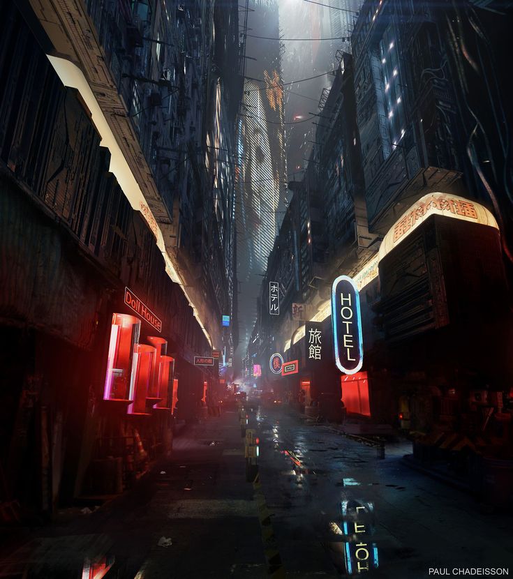 a city street at night with neon signs and buildings on both sides, in the middle of an alley