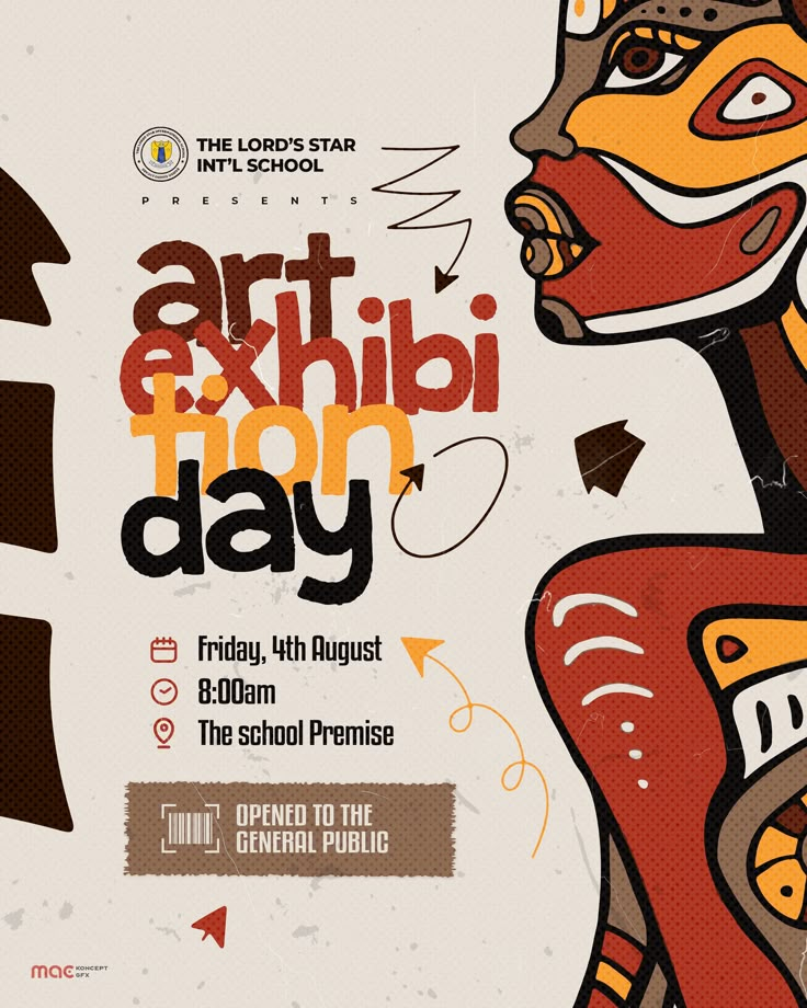 an art exhibit day poster with a woman's face painted in orange and brown