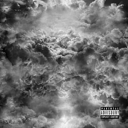 a black and white photo of clouds in the sky with an album title underneath it