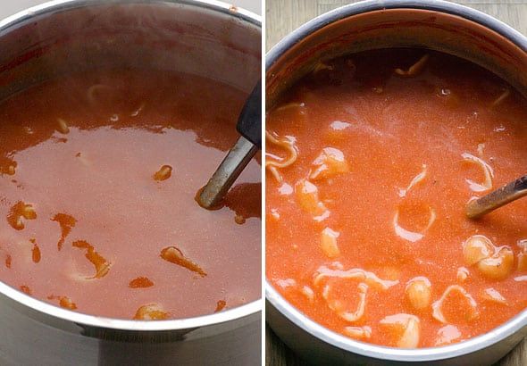 two pictures side by side showing the same sauce being stirred in a pot