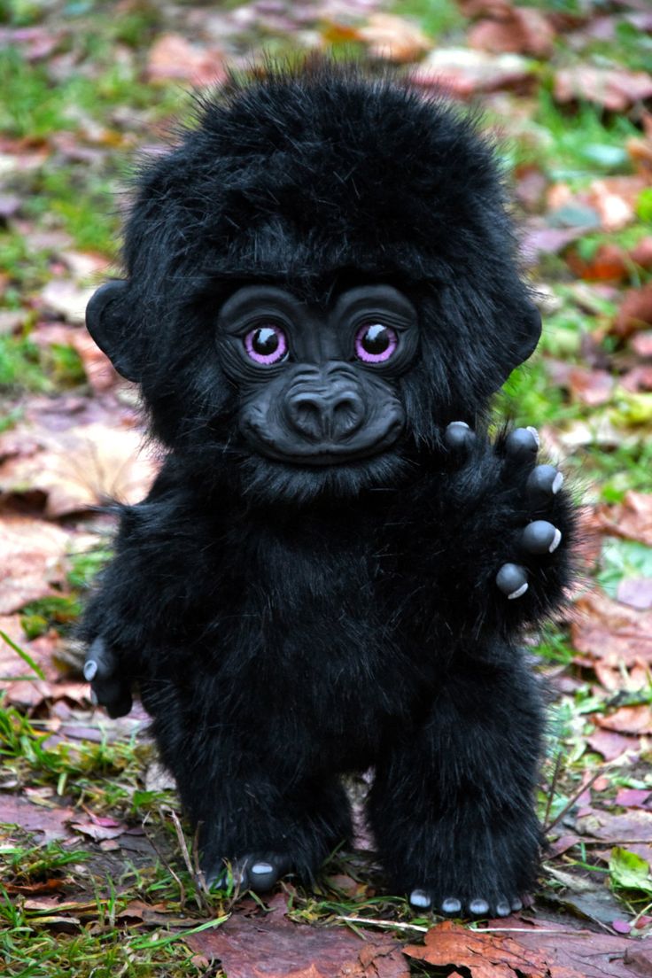 a small black monkey with purple eyes standing on its hind legs and looking at the camera