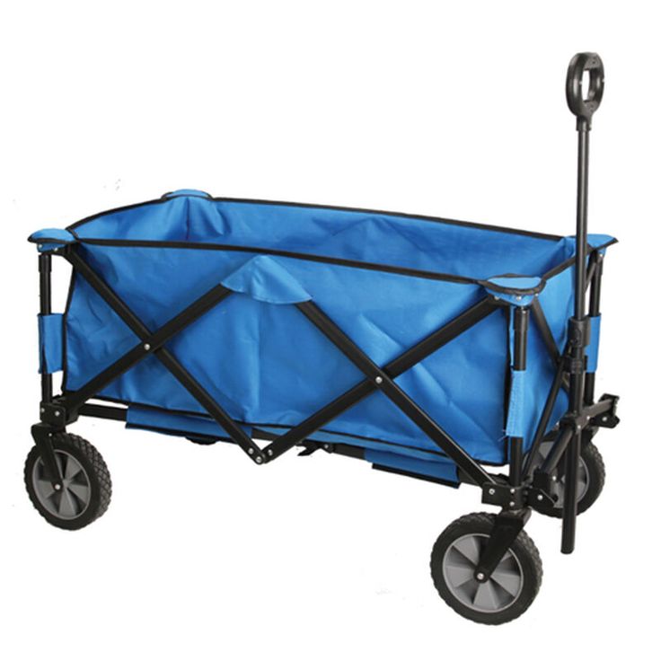 a blue folding wagon with wheels