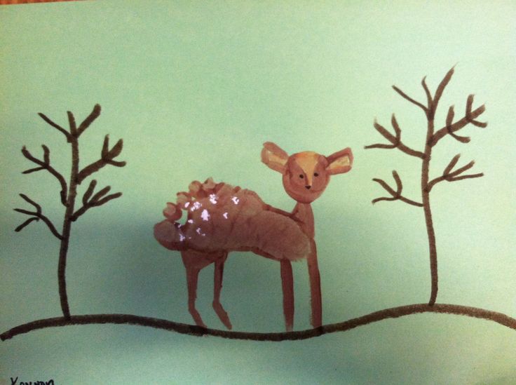 a drawing of a deer and its baby in the woods with trees painted on it