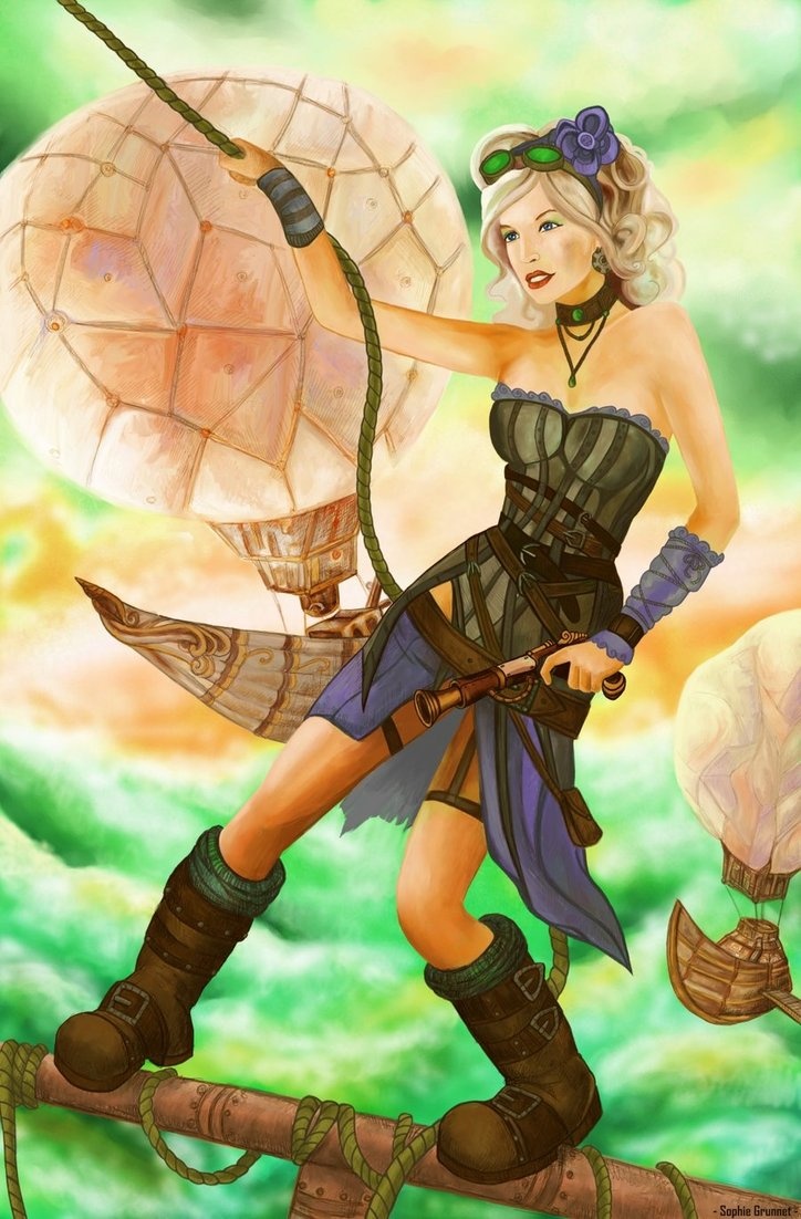 a painting of a woman in steampunk clothing on a branch holding an umbrella