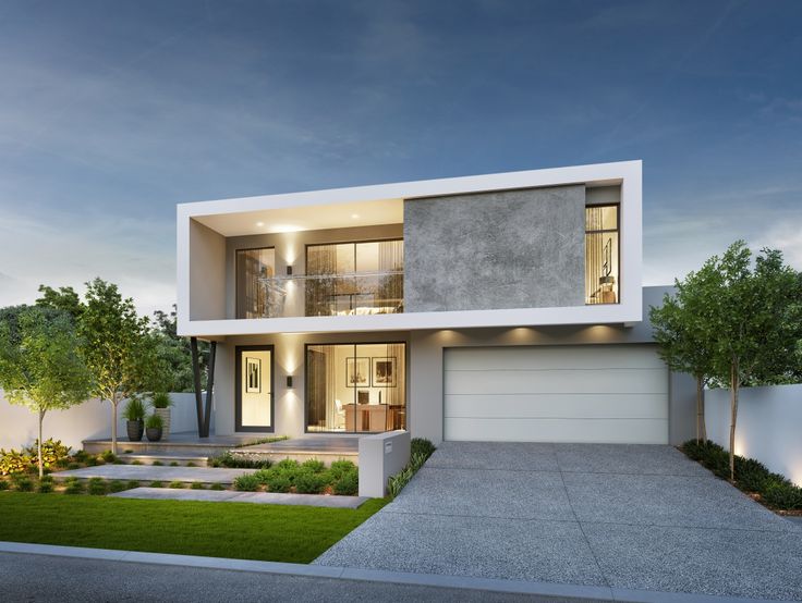 a modern house with grass and trees in the front yard