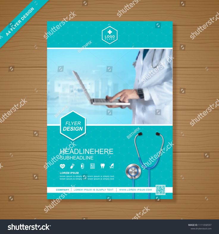 medical flyer template with doctor using laptop on wooden background, front and back side view