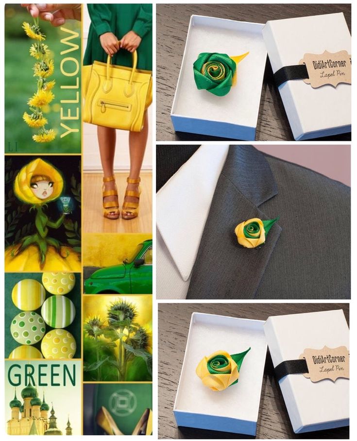 the collage shows green and yellow items in different pictures, including a handbag