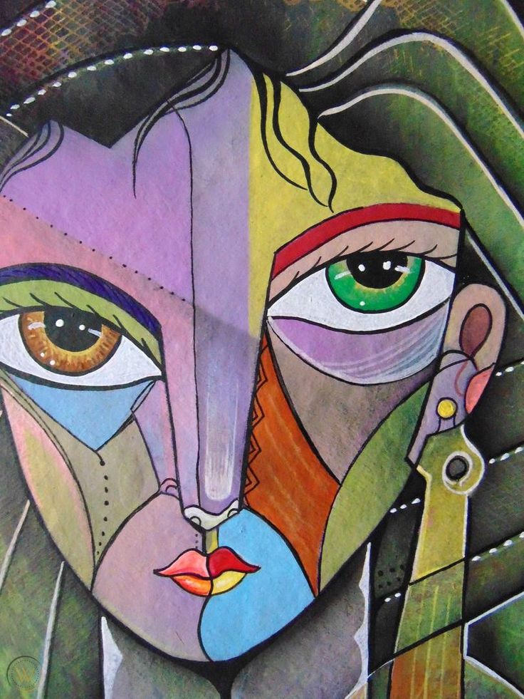 an abstract painting of a woman's face with green eyes and colorful hair on it