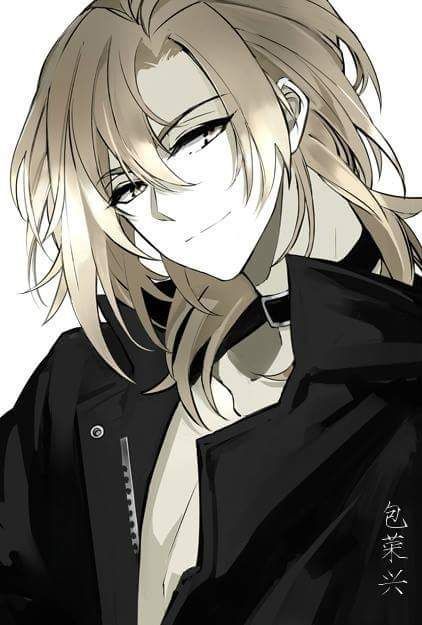 an anime character with blonde hair wearing a black jacket