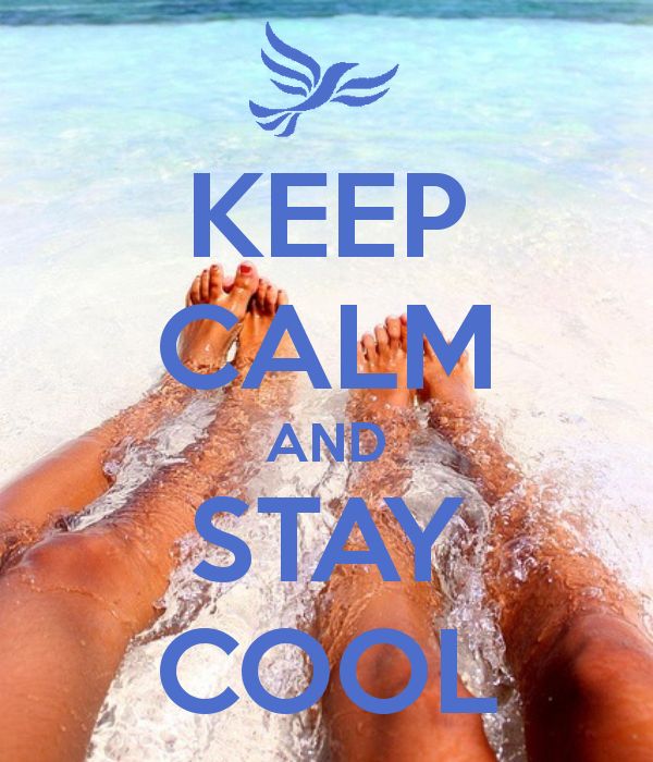 a person laying on the beach with their feet in the water and text that reads, keep calm and stay cool