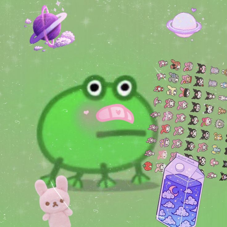 a green frog with lots of stickers on it's face next to a pink bunny