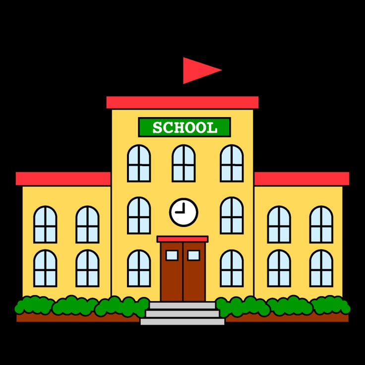 a school building with a red flag on top and green grass around the front door