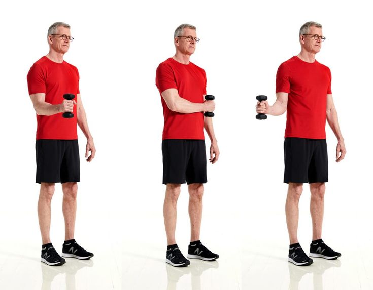 a man is doing exercises with dumbbells in three different positions, including the upper body and lower body