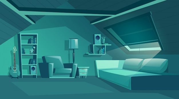 Free Vector | Attic interior at night, cartoon room with furniture, sofa  with pillows. in 2022 | Architecture background, Bedroom designs images,  Background