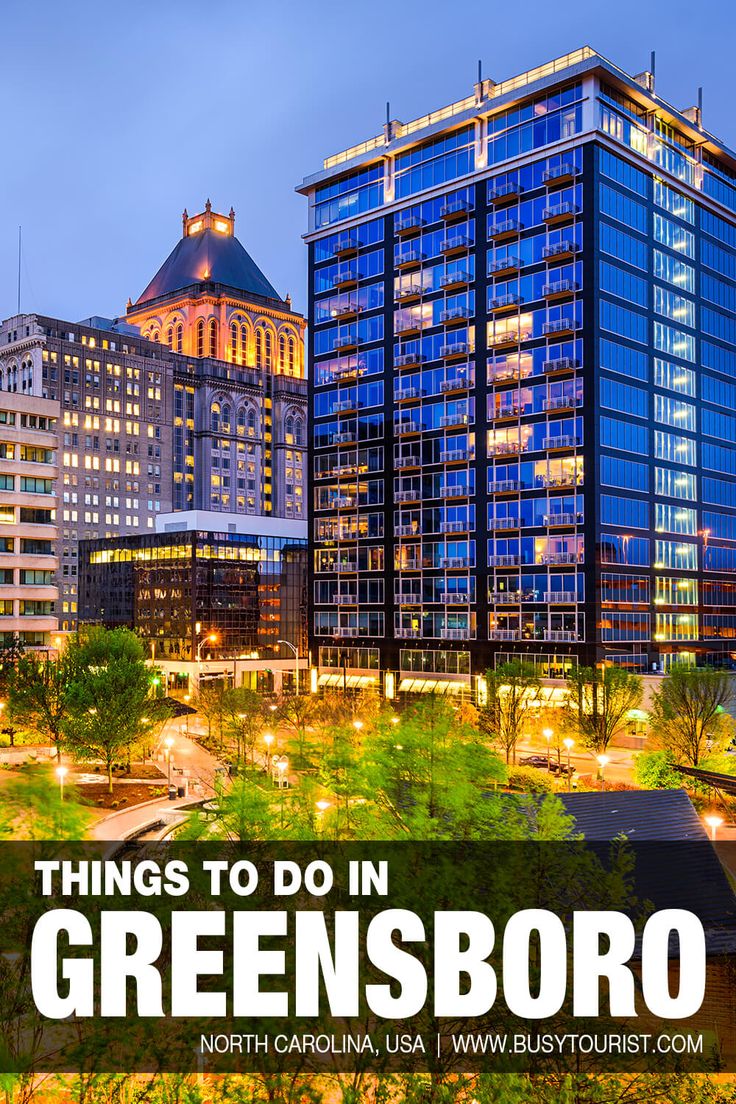 the city skyline is lit up at night with text that reads things to do in greensboro