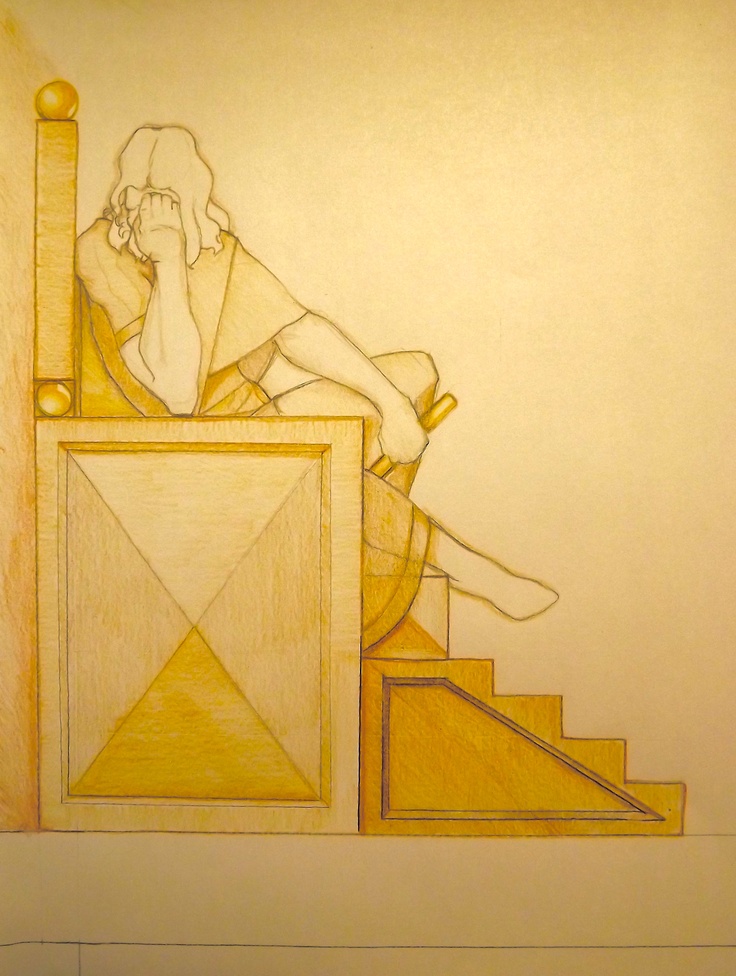 a drawing of a woman sitting on top of a stair case next to a wall