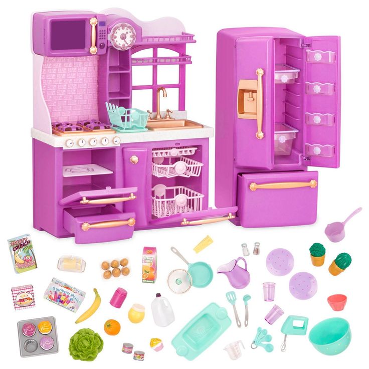 a doll house kitchen with purple furniture and accessories