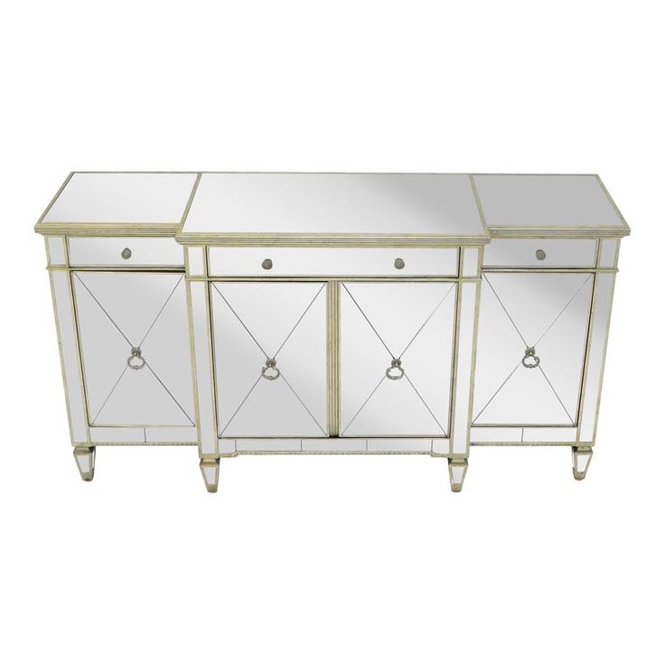 a mirrored sideboard with three doors and two drawers on each side, one door open