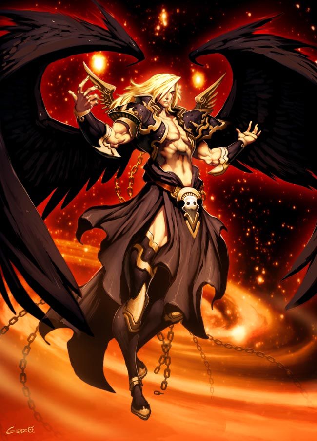 an anime character is standing in front of a red background with black wings and gold accents