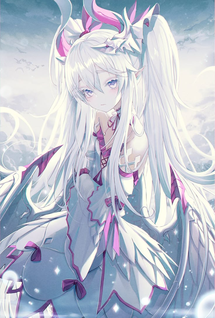 an anime character with long white hair and pink ears, standing in front of the sky