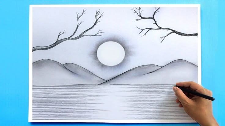 someone is drawing a landscape with water and trees