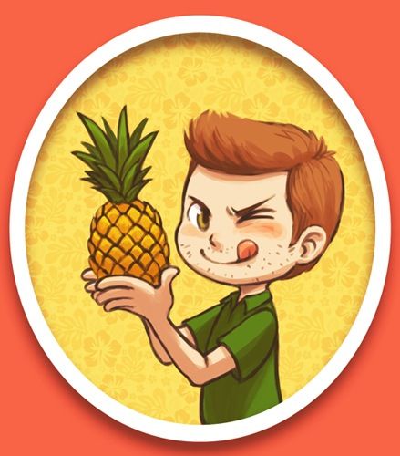 a cartoon boy holding a pineapple in his hand