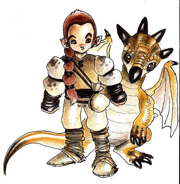 a drawing of a person sitting on top of a small dragon next to another creature