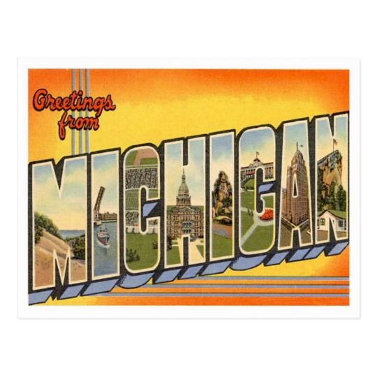 a postcard with the word michigan written in it's capital letters and buildings