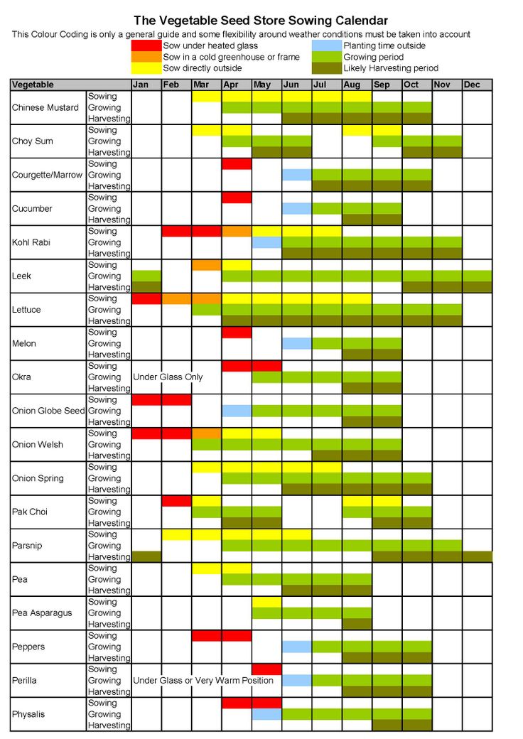 the vegetable seed store's growing calendar is shown in red, yellow and green