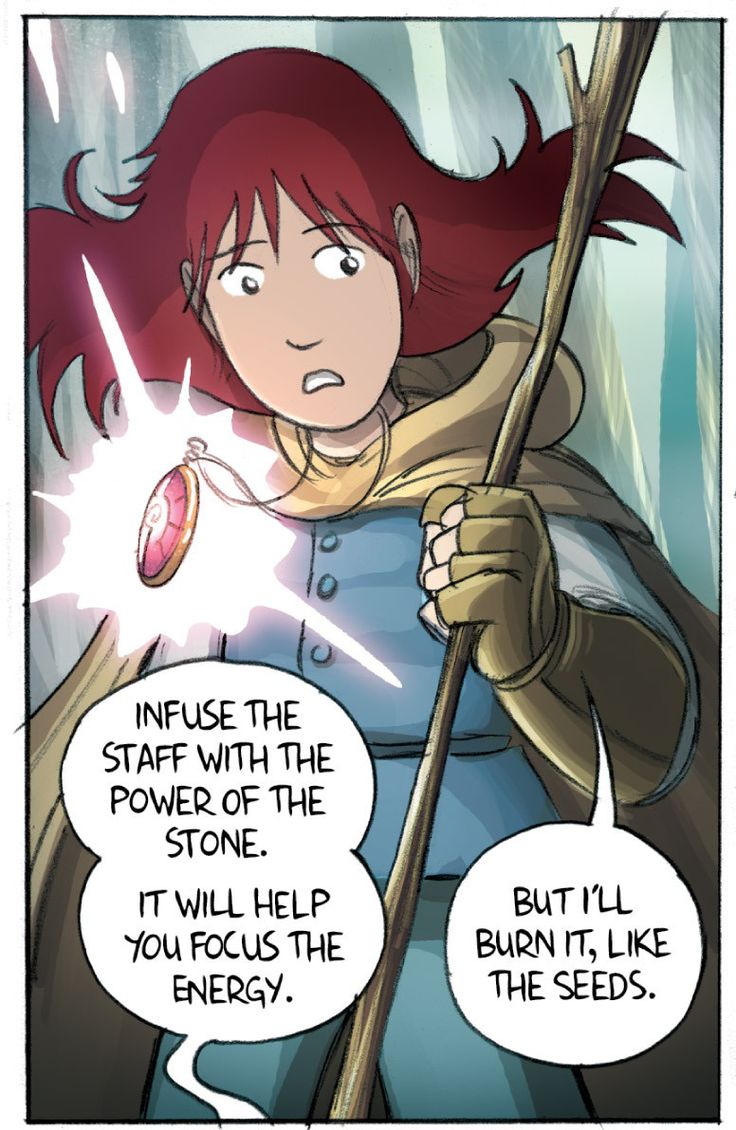 a comic strip with a woman holding a staff and an arrow in her hand,