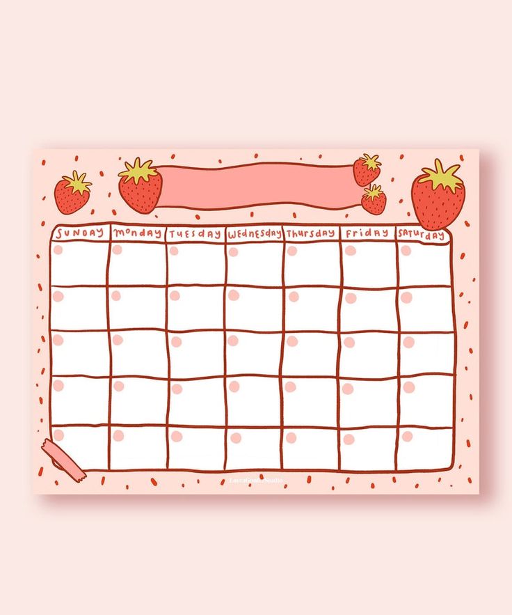 a pink and white calendar with strawberries on it