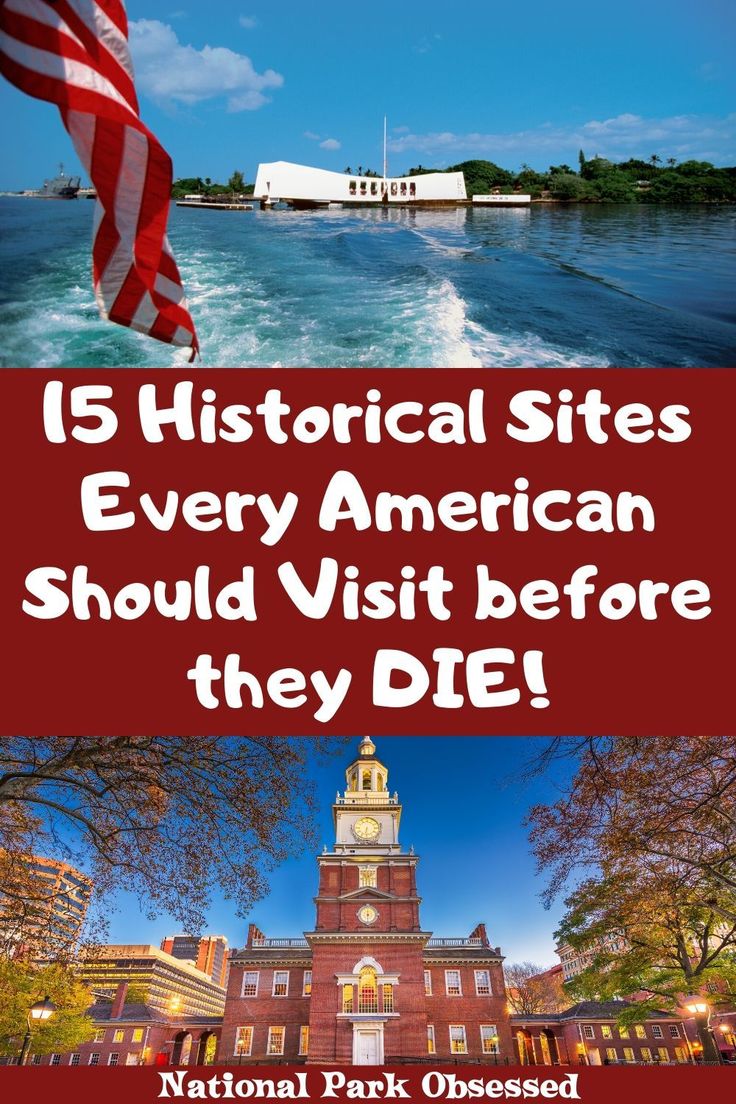 an american flag flying in front of a building with the words 15 historical sites every american should