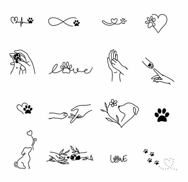 hand and paw tattoos on white paper with black ink, which includes hearts, flowers, leaves