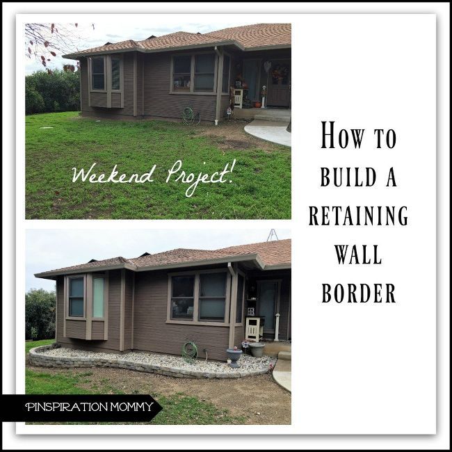 before and after pictures of a house with grass on the front lawn, and how to build a retaining wall border