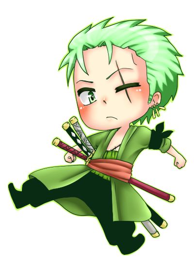 an anime character with green hair is flying through the air and holding two swords in one hand