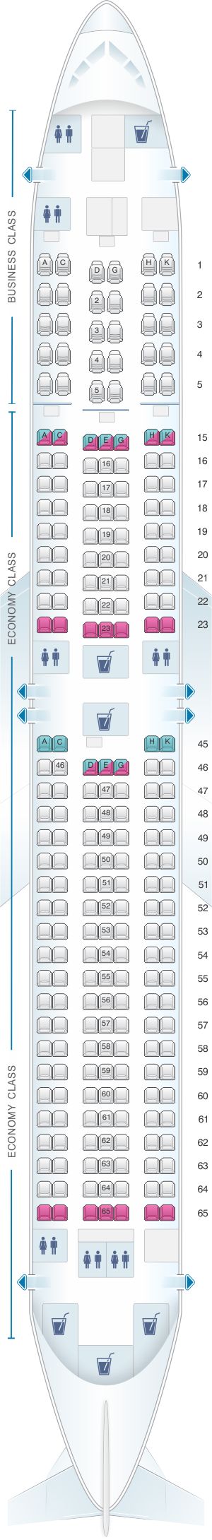 the seating chart for an airliner with several seats on each side and four rows