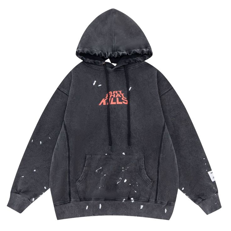 This edgy black hoodie features a heavily distressed "ART THAT KILLS " graphic in a dripping font and back,   reminiscent of graffiti art.   The peeling effect and cracks in the lettering add to the raw,   urban vibe.   It's a bold statement piece for those who like their streetwear with a touch of attitude.      Clothing weight: 0.85 Kg - 1.95 lbs.       Fabric:       100% Cotton     Size CM / INCH  Length  Chest Width  M  74 cm  29.1" 113 cm 44.4" 60 cm   23.6"  L   75 cm 29.5" 117 cm 46"  6 Grunge Hoodie With Letter Print For Streetwear, Grunge Streetwear Hoodie With Letter Print, Grunge Letter Print Hoodie For Streetwear, Black Cotton Hoodie With Graffiti Print, Oversized Winter Hoodie With Graffiti Print, Black Graffiti Print Sweatshirt For Fall, Grunge Sweatshirt With Letter Print For Streetwear, Edgy Oversized Hoodie With Letter Print, Grunge Winter Hoodie With Letter Print