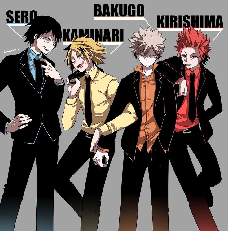 three anime characters standing next to each other in front of a gray background with the words sero bakigo kirishima