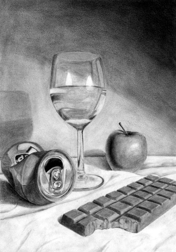 a pencil drawing of an apple, wine glass and chocolate bar