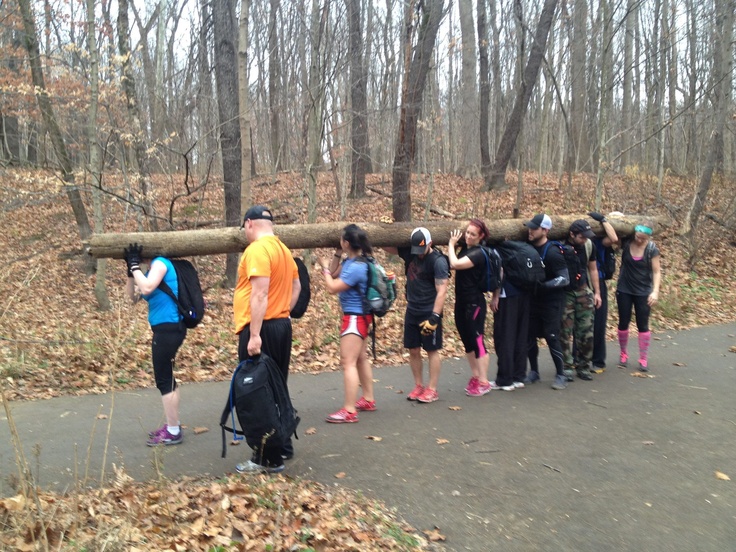 a group of people standing on top of a road next to a fallen tree trunk